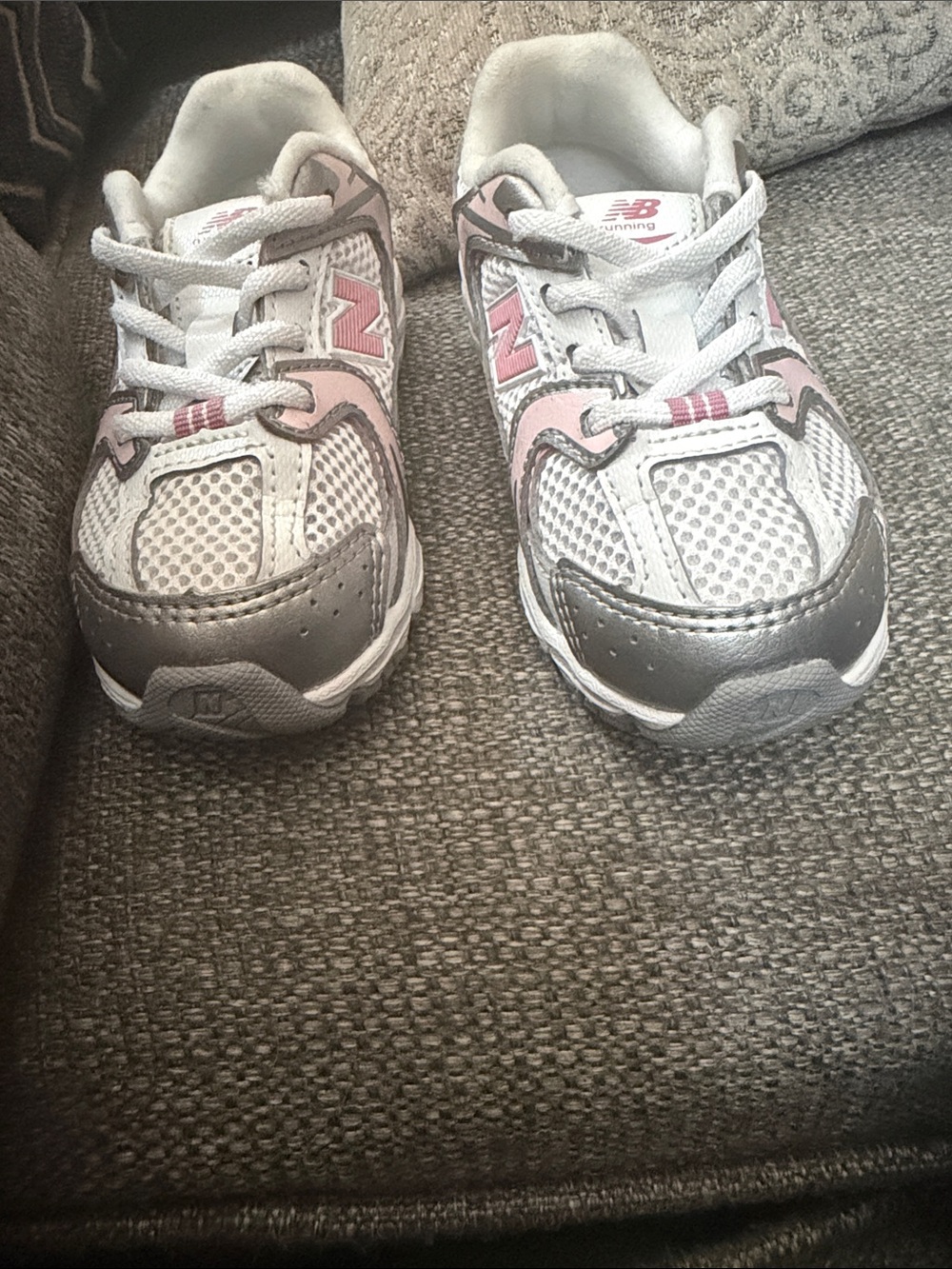 New Balance Kids White, Pink & Silver Sneakers